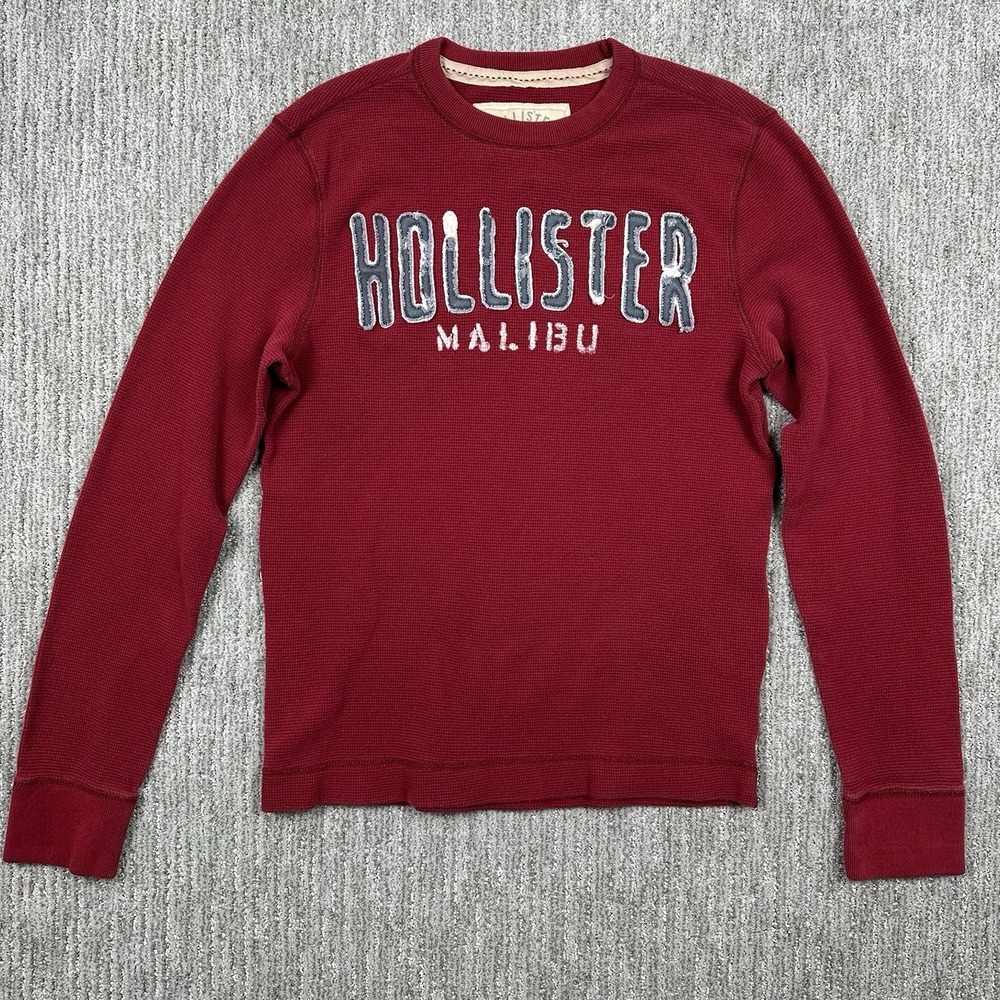 Hollister Mens Long Sleeve Thermal Waffle Knit Shirt Red Logo Malibu Size Large